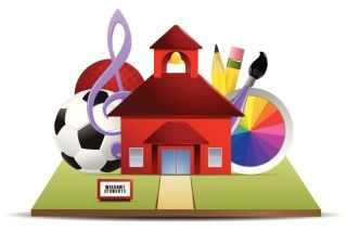 Computer generated image of a schoolhouse surrounded by a soccer ball, a treble staff, and a paint pallet. 